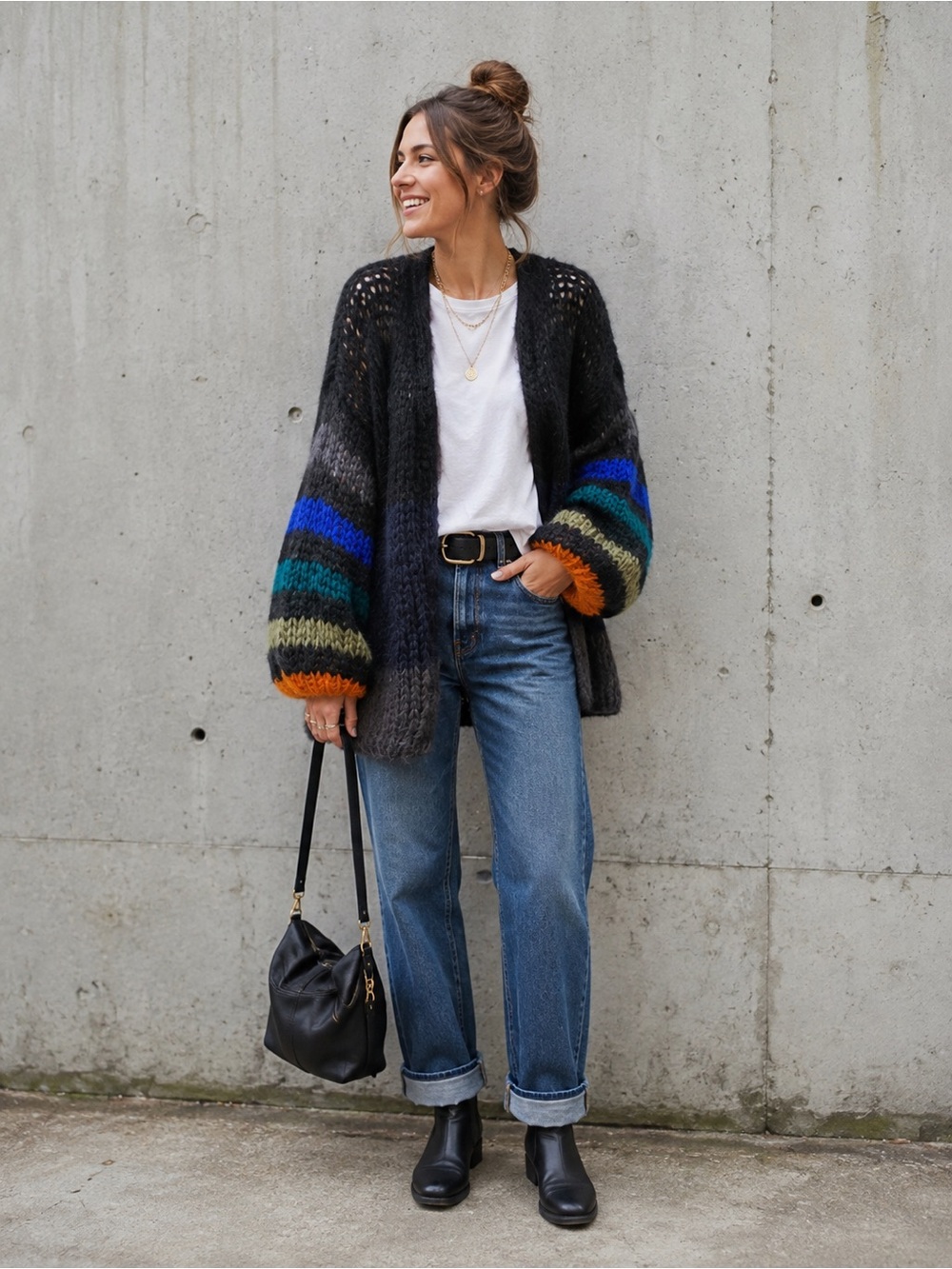 Maiami Big Cardigan M/L Mohair Hand Knit Oversized Colorblock